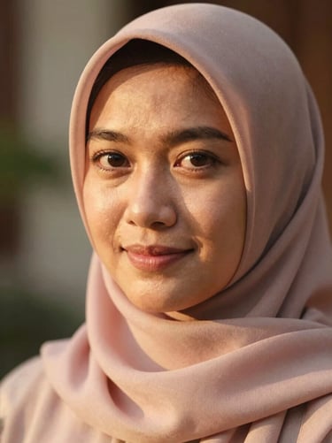 Close-up portrait of an Indonesian female teacher with a gentle expression, wearing a soft pastel hijab, warm natural light, elegant and respectful composition.