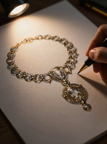 Close-up of a designer sketching a complex jewelry pattern on heavy textured paper, warm focused spotlight