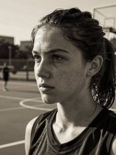 High-contrast black and white close-up portrait of a young female streetball player, sweat on brow, determined expression, outdoor court background
