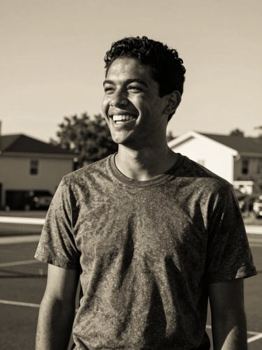 High-contrast black and white portrait of a local youth mentor laughing, warm golden sunlight, outdoor neighborhood background