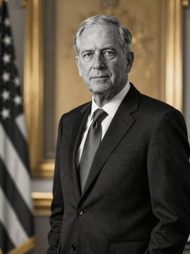 Formal black and white portrait of a retired IRS Commissioner, sharp corporate attire, authoritative pose, gold lighting accents.