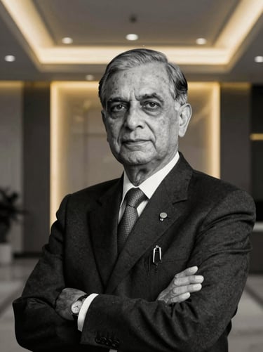 Formal black and white portrait of a retired senior IAS officer, authoritative pose, clean corporate background, gold lighting accents.