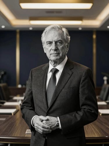 Formal black and white portrait of a senior corporate attorney, elegant boardroom setting, authoritative pose, gold lighting accents.