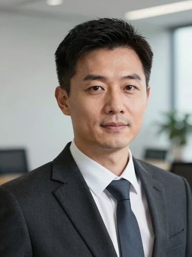 Professional headshot of a male notary partner in executive attire, clean bright office background, cool natural lighting.