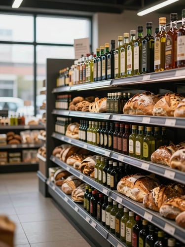 A modern food hall with specialty grocer shelves displaying artisanal olive oil and fresh bread under soft overcast window light