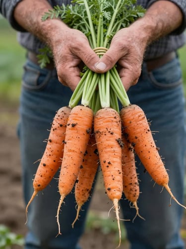Close-up of a farmer's hands holding soil-covered organic carrots freshly pulled from the earth, soft natural daylight