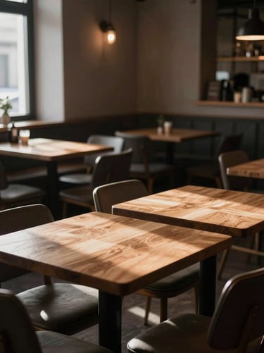 A dimly lit, cozy Scandinavian restaurant dining room in morning light, empty wooden tables, soft shadows