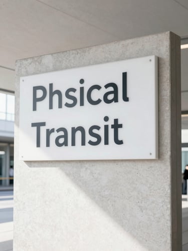 Wide environmental angle of physical transit signage displaying clean minimalist Swiss typography in a bright concrete terminal