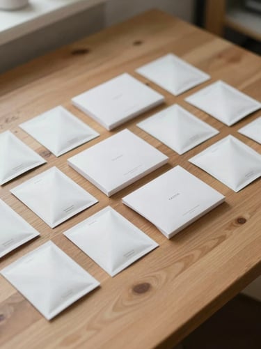 Candid workshop photo of physical product packaging mockups arranged neatly on a wooden design studio table, soft daylight
