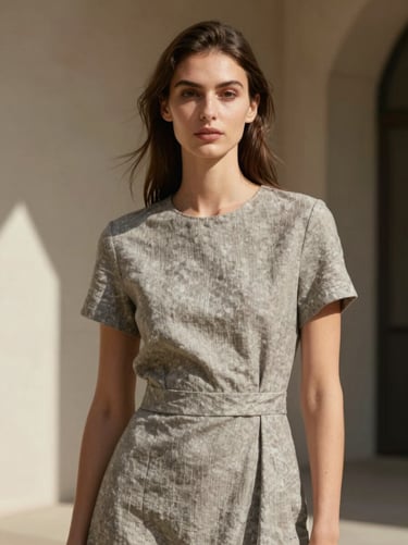 Portrait of a model in a structured warm stone gray linen dress, architectural background with soft natural shadows