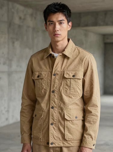 Portrait of a model wearing a classic tan heavy cotton twill utility jacket, soft side lighting in an empty concrete space