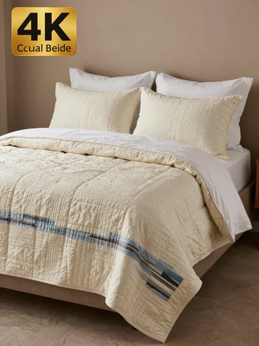 A lifestyle photograph of the Coastal Breeze quilt styled on a modern bed in a room with warm taupe walls and soft cream linens. The overall mood is peaceful and premium.