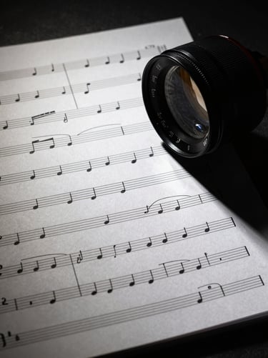 A vertical high-contrast preview of an orchestral score page, crisp black ink on clean white paper, elegant Italian tempo markings, dramatic side lighting, 35mm lens
