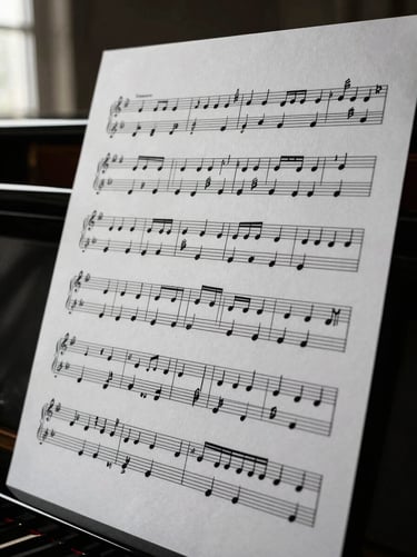 A vertical high-contrast preview of a solo piano score page, crisp black ink on white paper, intricate run of notes across grand staff, soft window light