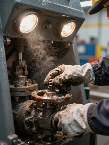 Close-up ground-level view of a worker's gloved hands adjusting a valve on heavy mining equipment, tungsten site lights illuminating worn metal surfaces, dust particles visible in the beam, no face visible