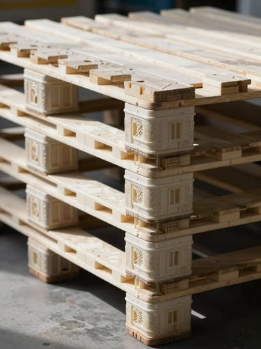 Strict profile view of clean warehouse pallets with organized structural PVC extrusions, sharp geometric shadows, high-contrast industrial studio lighting.