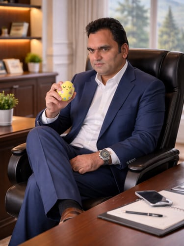 A businessman in a blue suit holds a yellow stress ball in a professional office setting.