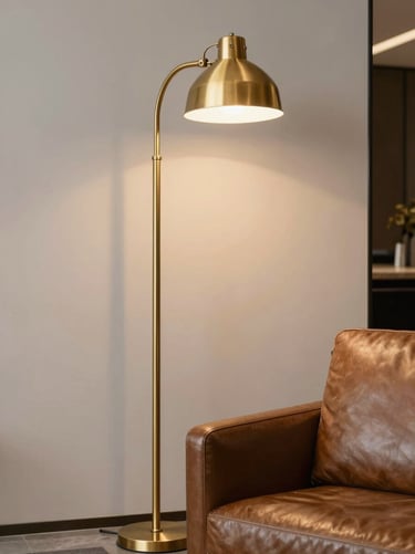 Heavy-duty brass floor lamp anchored next to a leather armchair in a luxury hotel lounge, warm glow, 35mm