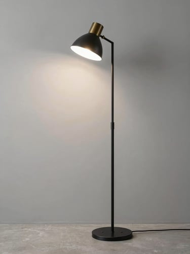 Straight-on product portrait of a minimalist black steel floor lamp against a desaturated architectural background, sharp focus, 35mm