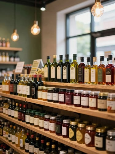 A modern organic food market interior, beautifully arranged wooden shelves with artisanal oils and preserves, warm glowing pendant lights