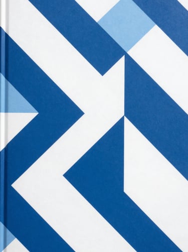 Portrait book cover with geometric abstract pattern, clean corporate blue and white tones.