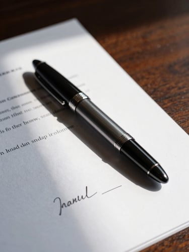 Close-up of a fountain pen resting on a signed legal document, natural side lighting casting deep shadows on a dark mahogany table, authoritative and quiet.