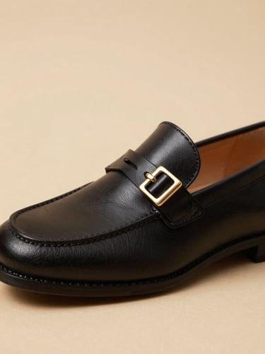 Macro shot of luxury leather loafers, focus on fine gold buckle and stitching, minimalist sand background, 85mm