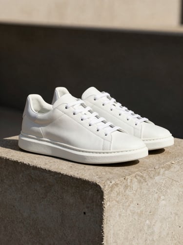 Modern premium white leather sneakers on a concrete pedestal, warm natural sunlight, sharp focus, 85mm
