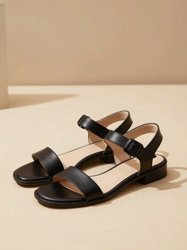 Elegant leather sandals, minimalist warm sand background, soft architectural shadows, 85mm