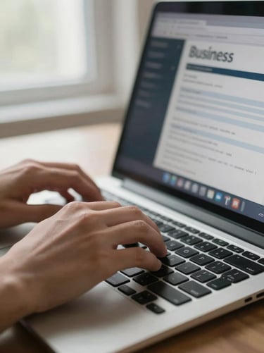 Close-up of hands typing on a laptop keyboard, a browser tab showing a business registration form, natural morning window light from the left, shallow depth of field