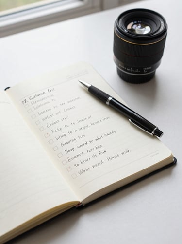 Overhead shot of an open notebook with a handwritten multi-step checklist, a pen resting across the page, natural diffused daylight from a window, clean white desk surface
