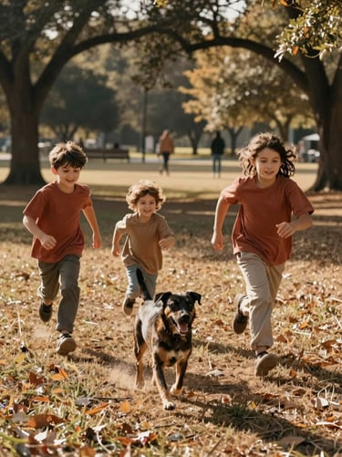 An unscripted moment of a family running through a park with their dog, North American / US park setting. Sun-drenched environment, warm tones of soft brown and terracotta, highly authentic and narrative-driven style.