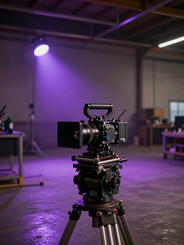 A cinematic behind-the-scenes shot of a film set in a North American warehouse. The camera rig is in the foreground, with deep purple stage lights casting long shadows. The style is edgy and professional, highlighting media production services.
