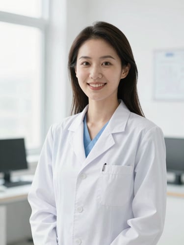 Professional portrait of a female dermatologist in a clean white medical coat, smiling warmly in a bright clinical office, high-key natural light.