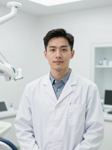 Professional portrait of a male cosmetic dentist wearing a sterile white coat, standing in a pristine, bright dental operatory, soft daylight.