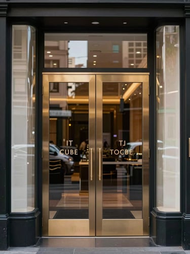 A vertical social-media-style portrait of a luxury boutique entrance in Sydney. The shot is clean and centered, featuring modern typography on the door and a reflection of the Sydney streetscape in the glass.