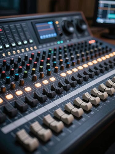 Modern audio mixing console with glowing lights in a high-end Latin American / Spanish production suite. Sleek aesthetic with Dark Navy and Soft White color palette.