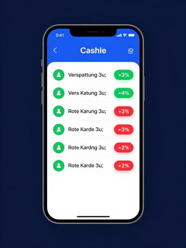 Mockup of a mobile screen displaying a team cash ledger, showing categories like 'Verspätung' and 'Rote Karte' with green paid and red unpaid badges.