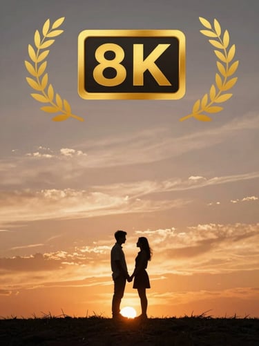 A wide shot of the couple silhouetted against a brilliant sunset. The sky is filled with terracotta and soft sand hues, reflecting a warm and inviting atmosphere.