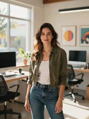Editorial portrait of a female creative director in a sunlit Sarasota studio, warm tones, natural Florida light, professional and approachable, 35mm