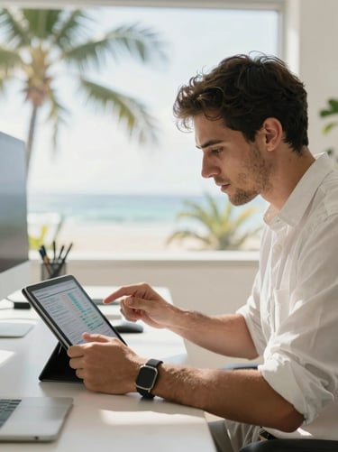 Editorial portrait of a male search strategist analyzing data on a tablet in a bright Florida workspace, soft natural light, 35mm