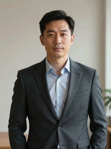 Straight-on portrait of a professional man against a neutral light interior wall, clean studio daylight, professional attire, steady composed look