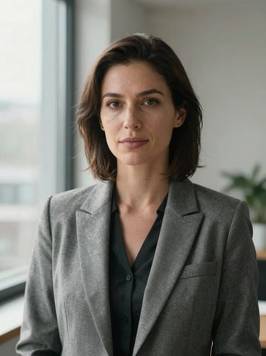 Straight-on portrait of a professional woman in a light office setting, north-facing window light, minimal background, composed neutral expression, professional attire