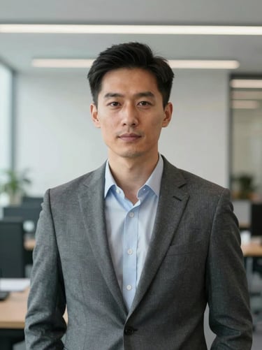 Straight-on portrait of a professional man in a modern office, clean background, studio daylight, neutral business attire, composed expression