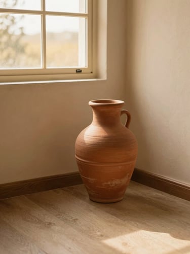 Quiet corner of a therapeutic space with a terracotta vase, soft golden hour window light, serene atmosphere