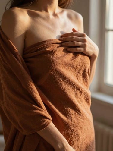 Abstract gentle movement of female form wrapped in warm organic cotton, low-contrast natural light