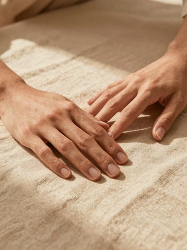 Close-up of hands in grounded contact with textured raw linen fabric, soft natural shadows, warm sand tones