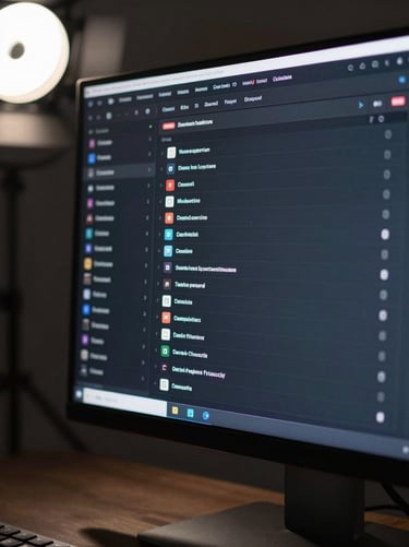 Close-up of a desktop monitor displaying a Discord server dashboard, multiple active channels listed in sidebar, unread message badges visible, dark UI, studio key-light from upper left creating hard edge shadows on the monitor bezel