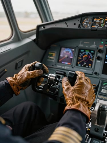 Close study from slightly above: a pilot's hands resting on throttle levers inside a commercial cockpit, north-facing overcast window light illuminating instrument bezels and worn leather gloves, shallow depth of field, warm earth tones against deep charcoal panel surfaces