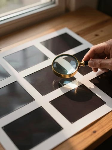 Overhead close study of photographic contact sheets spread on a raw wooden table under north-facing window light, a single hand with a loupe examining one frame, warm ochre afternoon light catching the edges of the prints, deep charcoal shadows, selective color detail on the loupe brass